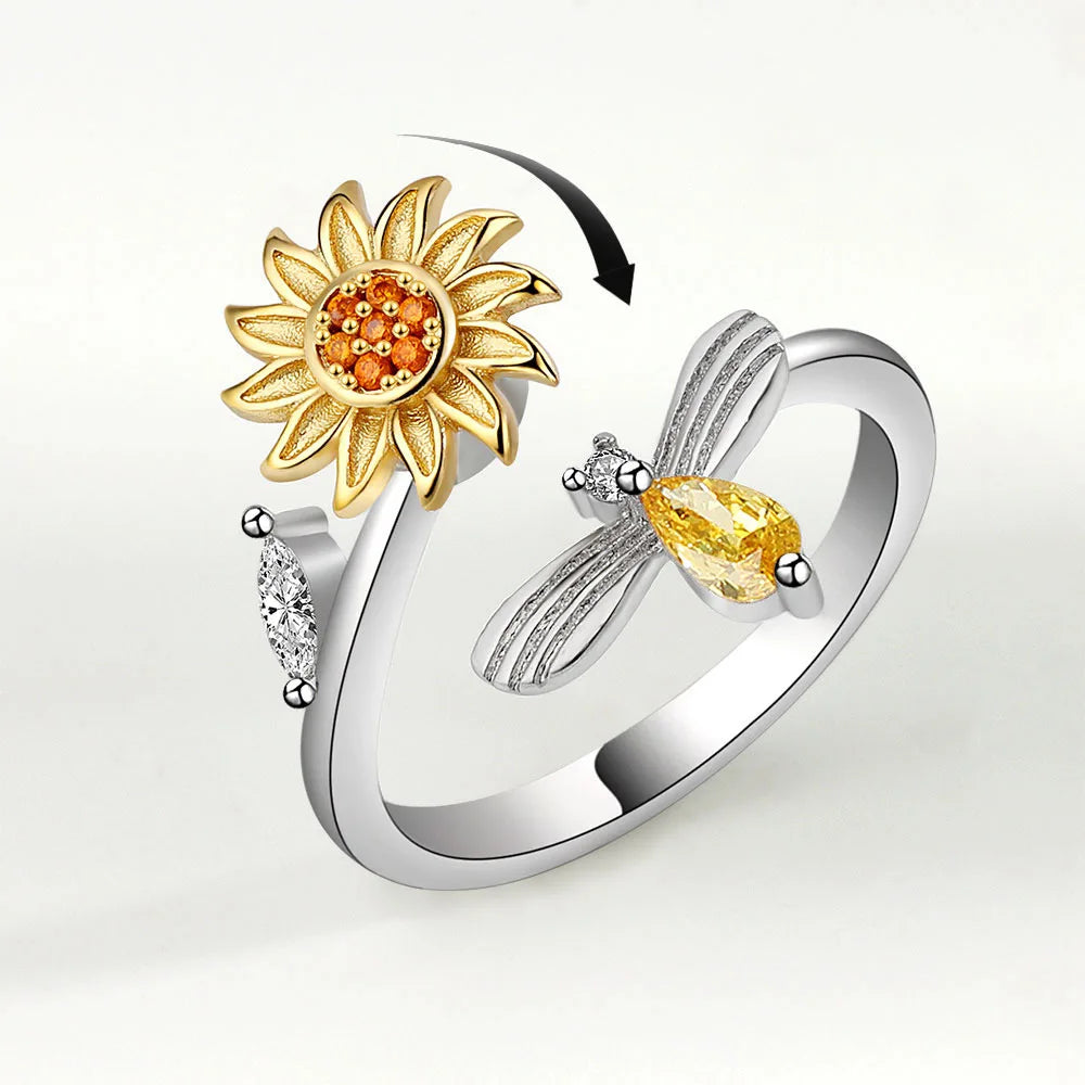 925 Sterling Silver Sunflower Diamond Zircon Rotatable Ring for Women Gift Relieve Stress Ring Jewelry Wholesale