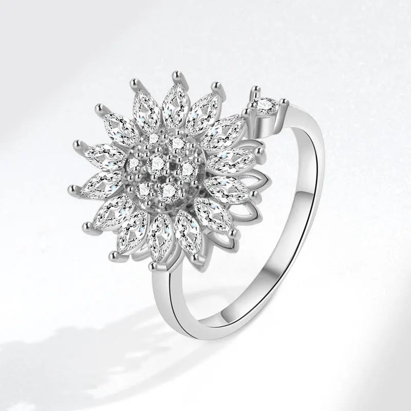 925 Sterling Silver Sunflower Diamond Zircon Rotatable Ring for Women Gift Relieve Stress Ring Jewelry Wholesale