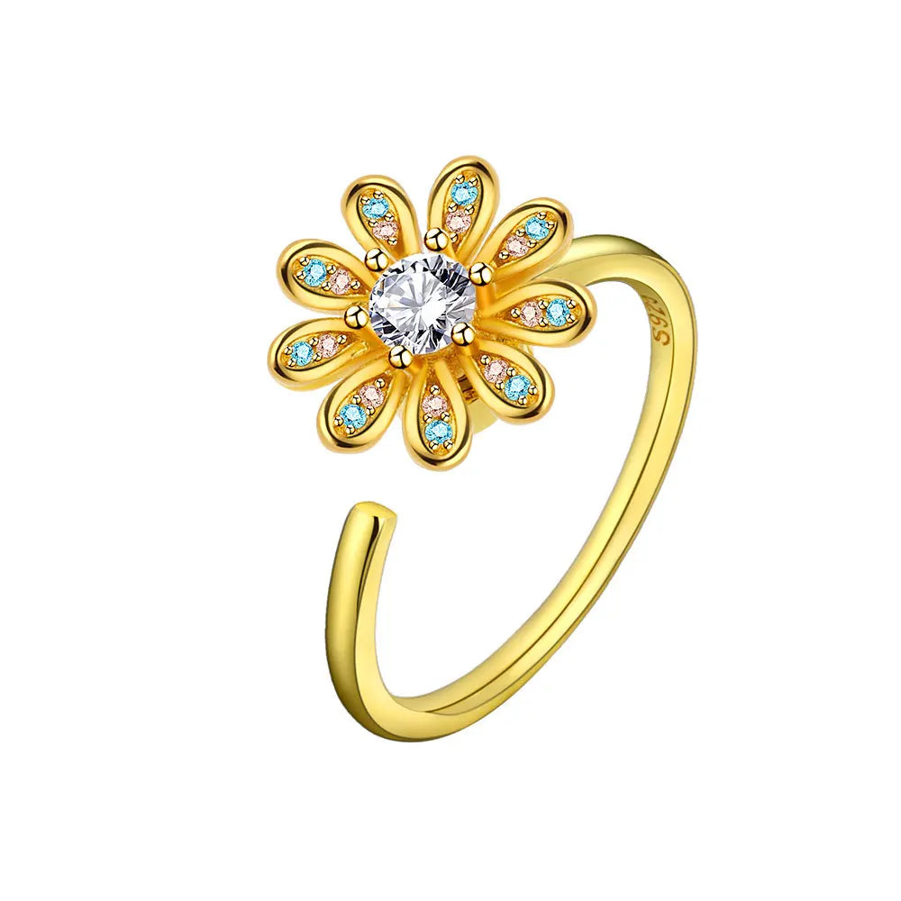 925 Sterling Silver Sunflower Diamond Zircon Rotatable Ring for Women Gift Relieve Stress Ring Jewelry Wholesale