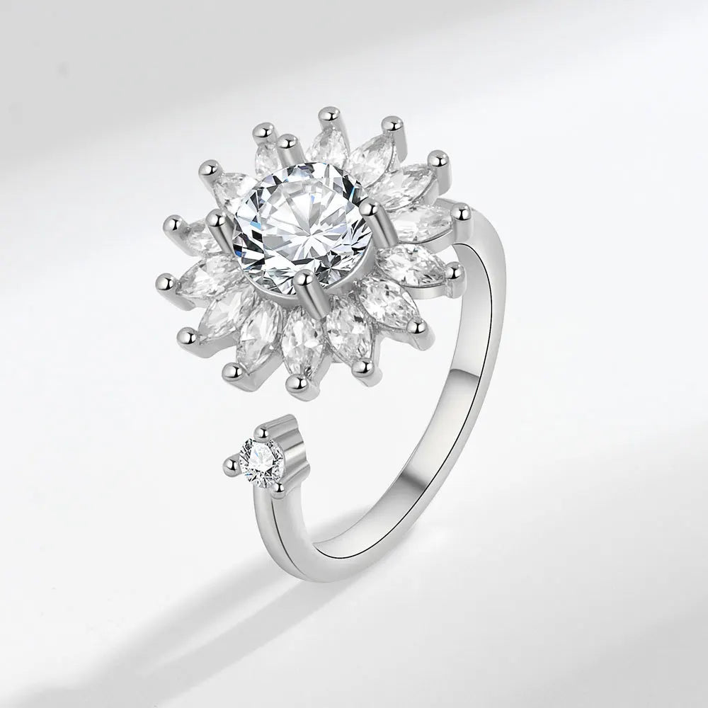 925 Sterling Silver Sunflower Diamond Zircon Rotatable Ring for Women Gift Relieve Stress Ring Jewelry Wholesale