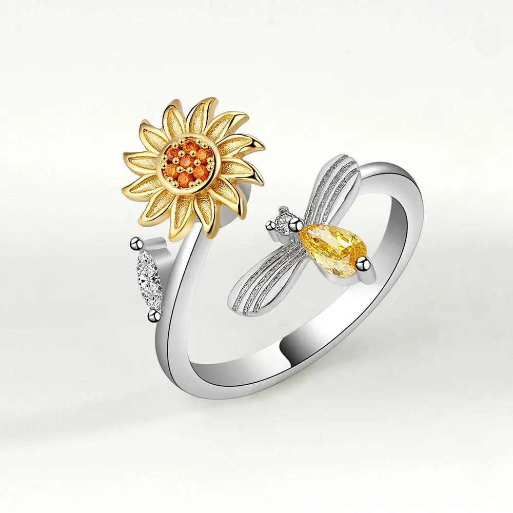 925 Sterling Silver Sunflower Diamond Zircon Rotatable Ring for Women Gift Relieve Stress Ring Jewelry Wholesale