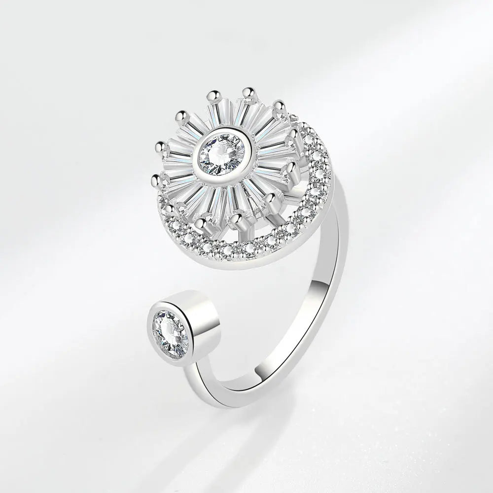 925 Sterling Silver Sunflower Diamond Zircon Rotatable Ring for Women Gift Relieve Stress Ring Jewelry Wholesale