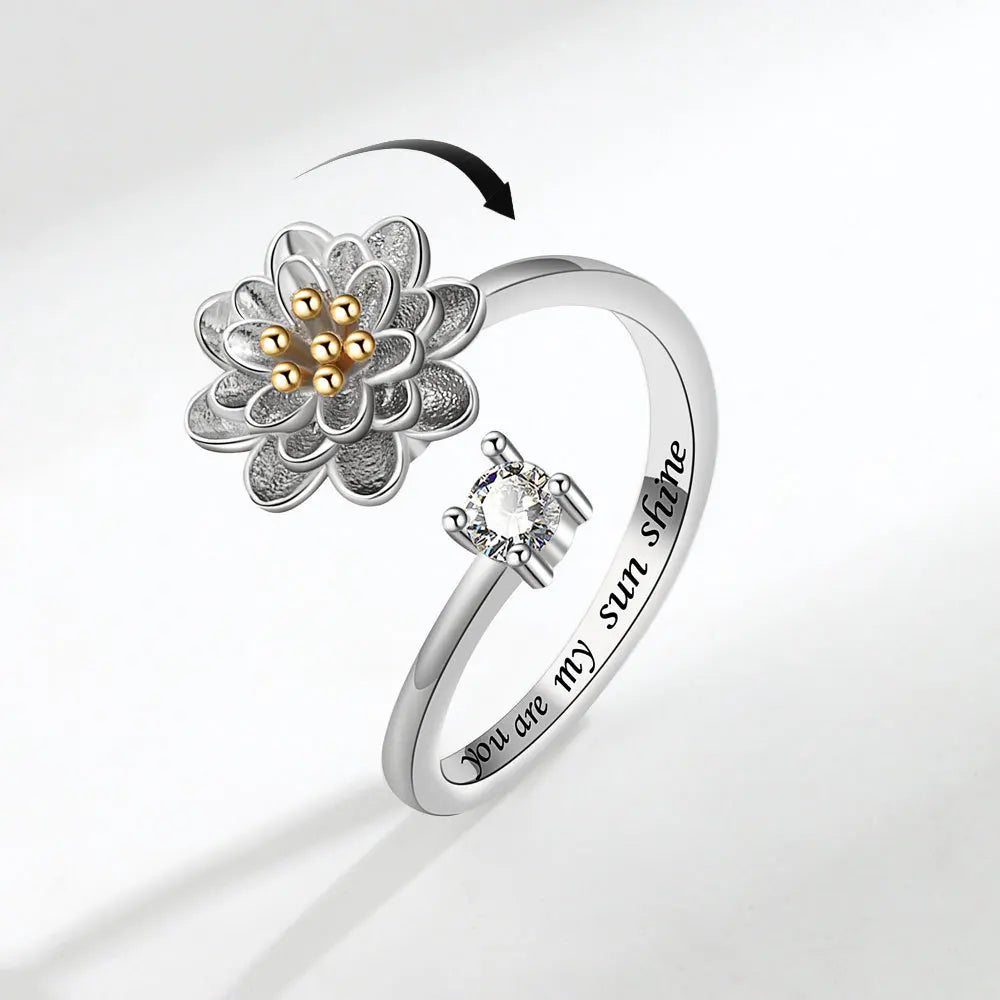 925 Sterling Silver Sunflower Diamond Zircon Rotatable Ring for Women Gift Relieve Stress Ring Jewelry Wholesale