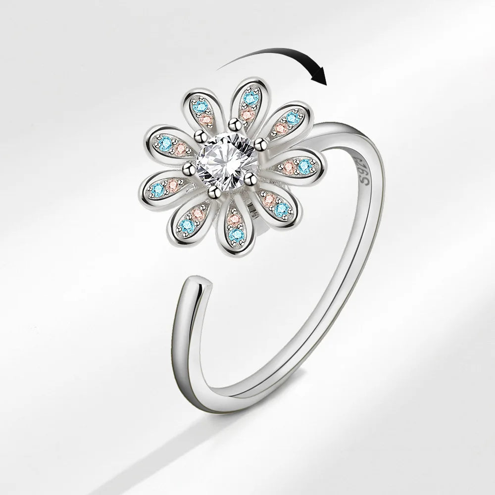 925 Sterling Silver Sunflower Diamond Zircon Rotatable Ring for Women Gift Relieve Stress Ring Jewelry Wholesale