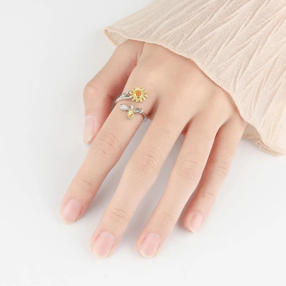 925 Sterling Silver Sunflower Diamond Zircon Rotatable Ring for Women Gift Relieve Stress Ring Jewelry Wholesale