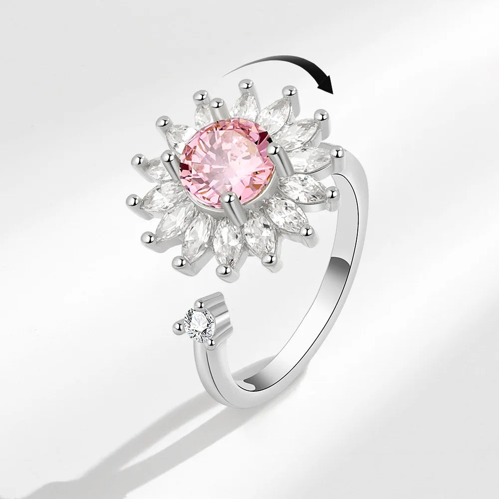 925 Sterling Silver Sunflower Diamond Zircon Rotatable Ring for Women Gift Relieve Stress Ring Jewelry Wholesale