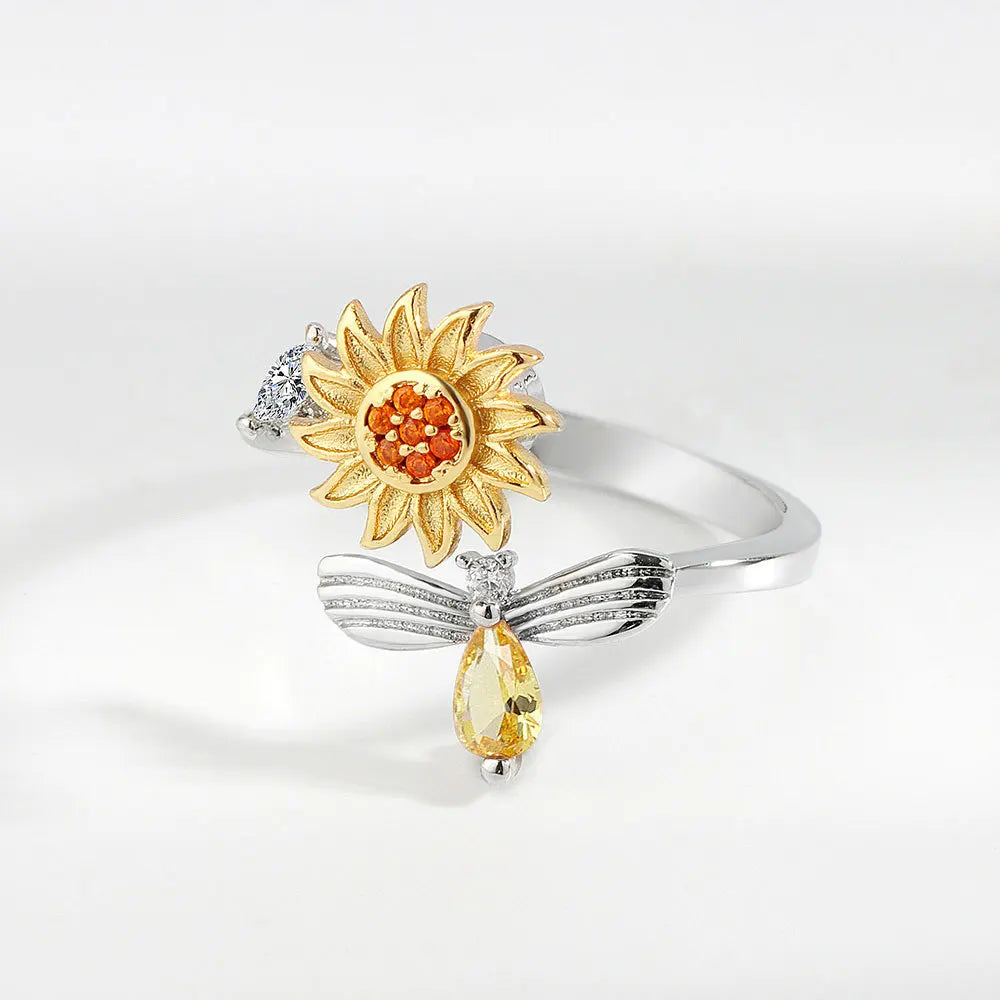 925 Sterling Silver Sunflower Diamond Zircon Rotatable Ring for Women Gift Relieve Stress Ring Jewelry Wholesale