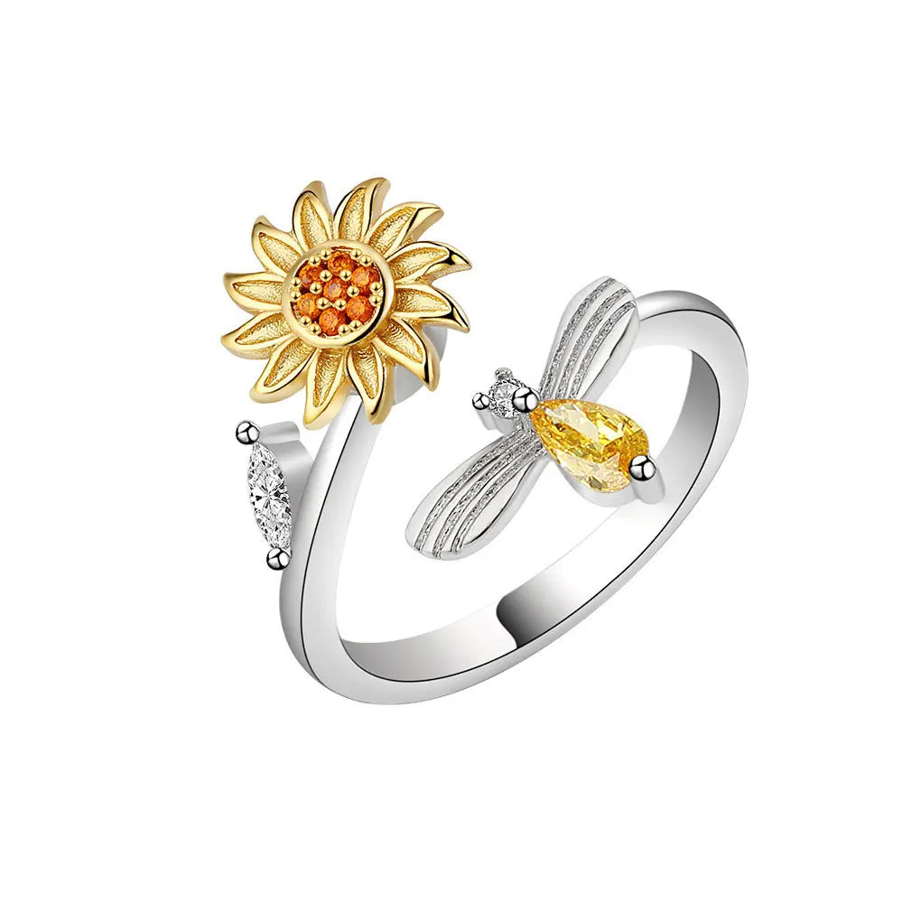 925 Sterling Silver Sunflower Diamond Zircon Rotatable Ring for Women Gift Relieve Stress Ring Jewelry Wholesale