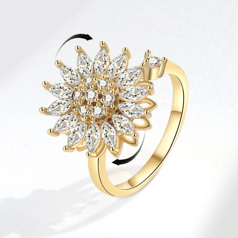 925 Sterling Silver Sunflower Diamond Zircon Rotatable Ring for Women Gift Relieve Stress Ring Jewelry Wholesale