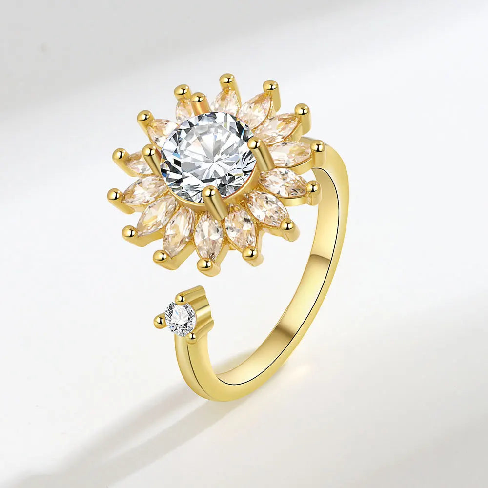 925 Sterling Silver Sunflower Diamond Zircon Rotatable Ring for Women Gift Relieve Stress Ring Jewelry Wholesale