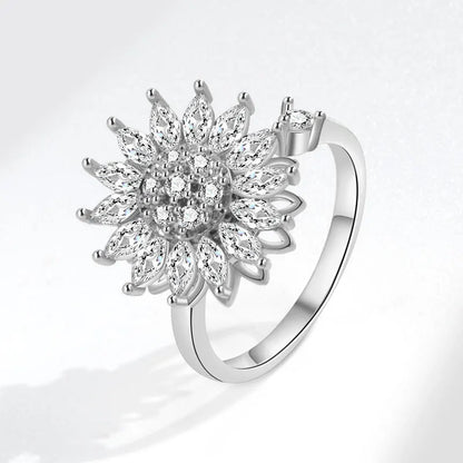 925 Sterling Silver Sunflower Diamond Zircon Rotatable Ring for Women Gift Relieve Stress Ring Jewelry Wholesale