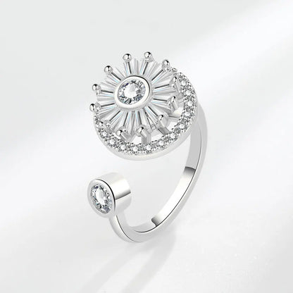 925 Sterling Silver Sunflower Diamond Zircon Rotatable Ring for Women Gift Relieve Stress Ring Jewelry Wholesale